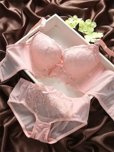 性感蕾丝少女小胸聚拢文胸套装加厚调整型刺绣女士粉色文胸内衣裤