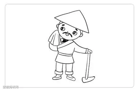 步骤5:在张开的手臂那里画出手和锄头3款农民种地耕地简笔画图片