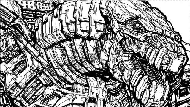 高手绘制的机械哥斯拉黑白线稿造型繁复线条相当流畅漂亮