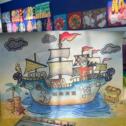 一年级海盗船水彩画内涵线稿步骤图