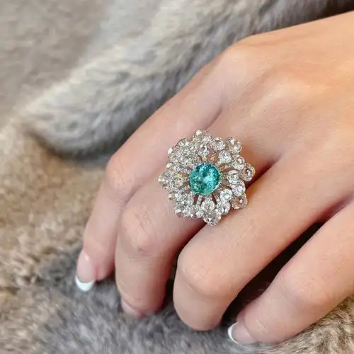 18k白金金宝石指环玫瑰切工钻石石女戒满镶嵌戒指