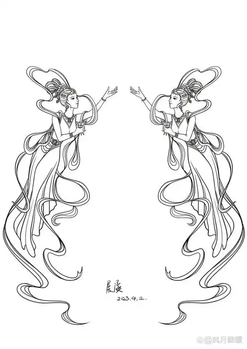 敦煌飞天仙子白描线稿 白酒包装原创插画