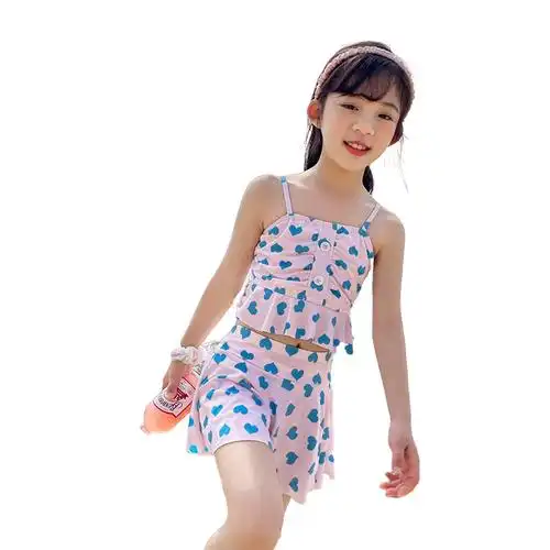 儿童泳衣女女童中大童学生保守分体高腰公主裙式可爱分体比基尼