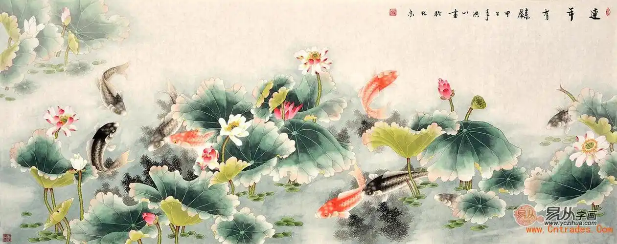 居家字画内容-【作品**】:张洪山八尺横幅花鸟画荷花鲤鱼图《连年有余