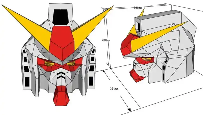 简易版高达可穿戴头盔纸模型,a3打印哦,图纸纸条显示的数字是尺寸