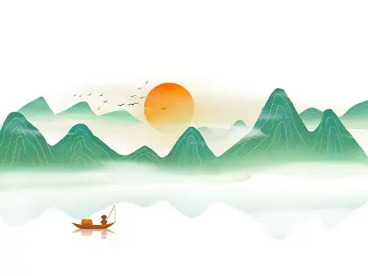 绿色手绘卡通国潮古风山水山云风景元素png素材