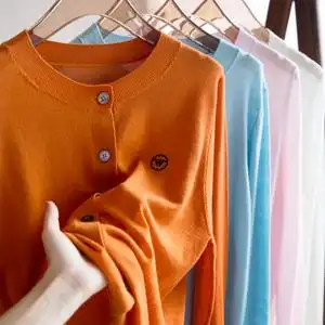 blueluck活力甜橙色16针细纱美丽诺羊毛圆领针织开衫女早秋薄款预