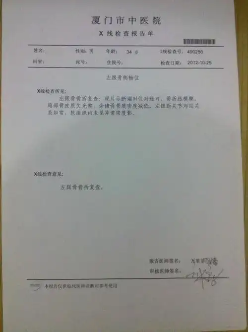 描述(发病时间,主要症状等):今年7月20日高处跌落,左脚跟骨粉碎性骨折