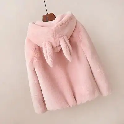 毛茸茸外套女冬可爱兔耳朵加厚短款毛毛衣连帽软妹棉服毛绒绒外套