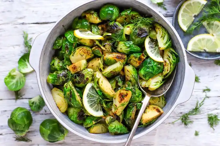 pan-roasted brussels sprouts with loads of lemon and dill on