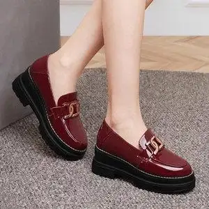 春天亮皮单皮鞋女士坡跟圆头防水台学生时尚休闲高跟单鞋女装厚底一脚