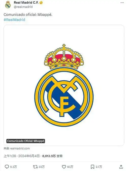 北京时间今日凌晨1:28,皇马官方在推特发布公告,宣布签下姆巴佩.