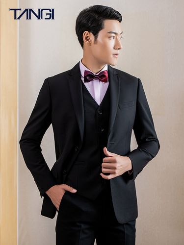 棠吉男装秋季蓝色服人字纹西装务正修身结婚礼服西服套装 原价1298元