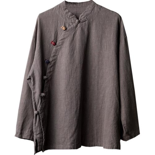 麻布衣原创棉麻女装复古立领斜襟盘扣上衣女春秋中式国风衬衫宽松