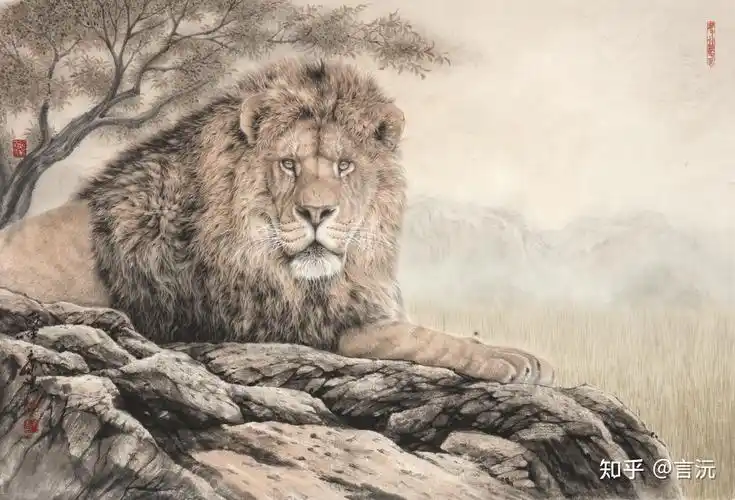 唐坚《工笔狮子》