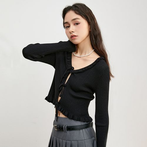 乐町纯欲性感毛衣外套春季外搭绑带蝴蝶结小开衫女