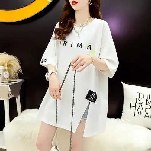 夏季韩版中长款宽松开衫小短袖t恤女