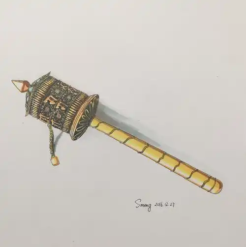 水彩手绘民族特色的物件转经纶属佛教法器上面有很多的经文符号和珠宝