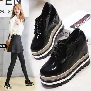 厚底松糕高跟女鞋亮皮加绒系带单鞋韩版时尚新款小皮鞋女会清