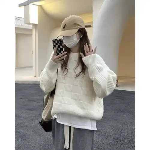 欧货白色法式慵懒风秋冬毛衣女2023新款马海毛羊绒针织衫卫衣外套