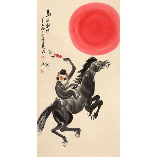 徐培晨字画作品手绘三尺条幅走兽国画 马上封侯 办公室装饰挂画画