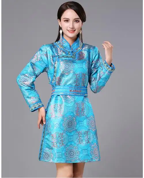 蒙古族服装女装春秋中长传统蒙古袍连衣裙日常生活装民族风舞蹈演出服