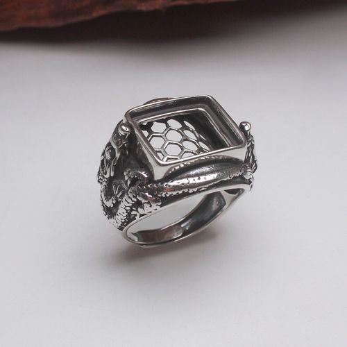 戒指纯银方形戒托男泰银复古龙图腾空托diy镶嵌戒指