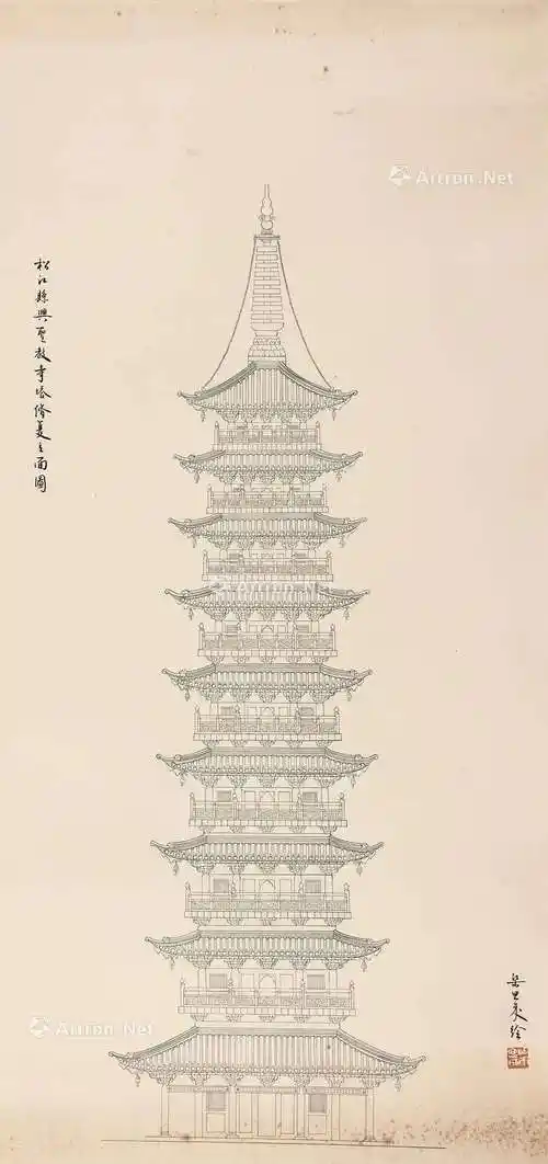 梁思成手绘松江县兴圣教寺塔修复立面图