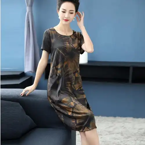 高档妈妈装真丝连衣裙女香云纱长裙中老年夏装桑蚕丝女装大码50岁