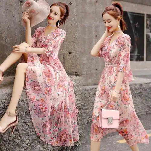 小心机连衣裙显瘦小清新立体花朵雪纺长裙挂脖碎花渡假温柔风裙子