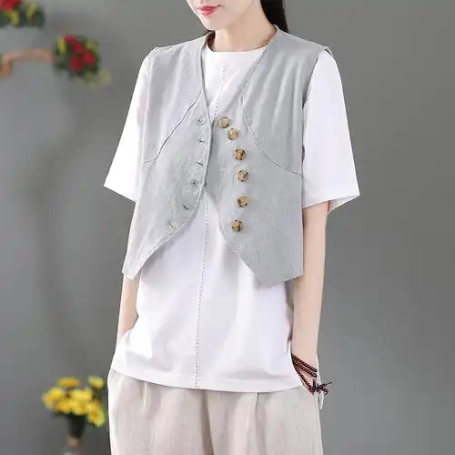 蒲席文艺复古做旧短款棉麻小坎肩女个性百搭拼接马甲休闲外搭背心