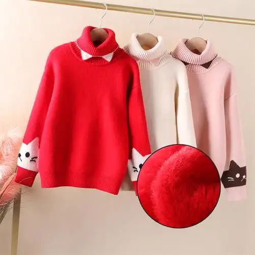 洋气女童高领毛衣冬款童装一体加绒针织衫中大童两翻领打底羊绒衫