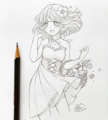 铅笔手绘,卡通动漫女孩线稿,细节处画的超精致