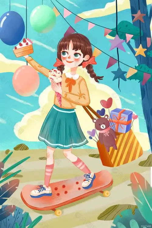 手绘滑板女孩六一儿童节海报素材平面广告素材免费下载(图片编号:9377