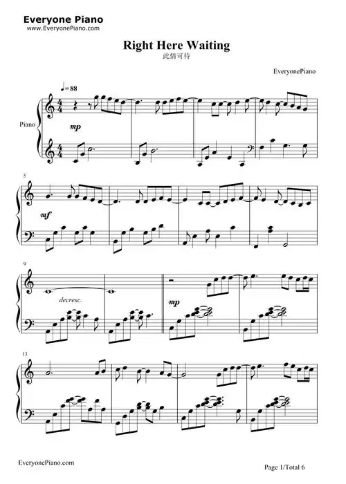 此情可待-right here waiting五线谱预览1-钢琴谱文件(五线谱,双手