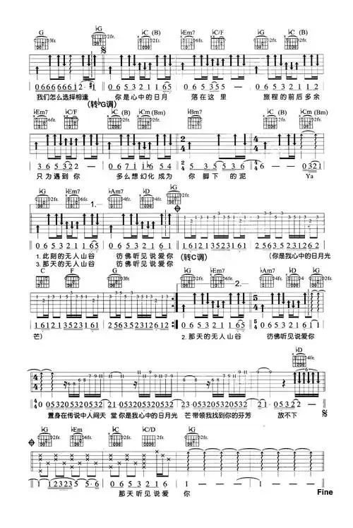 心中的日月吉他谱-王力宏-c调六线谱