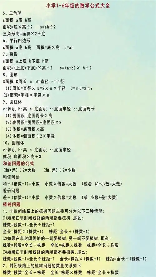 小学1-6年级数学公式大全,打印背熟,期中考试不下95分!
