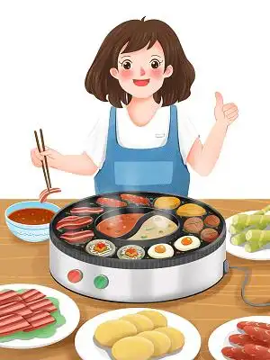 彩色手绘卡通人物吃火锅美食元素png素材