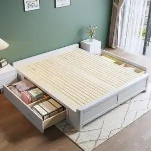 白色实木床榻榻米2米x2米大床无床头架子矮床双人现代简约小户型