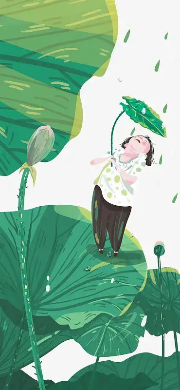 免抠卡通手绘站在荷叶上躲雨的孩