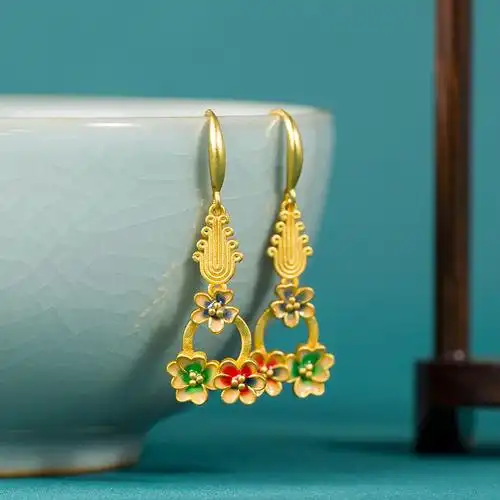 原创国潮新中式蝶恋花珐琅彩古法金耳环女国风复古轻奢高级感耳坠