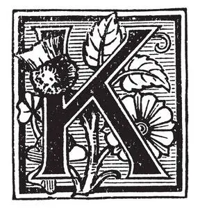 装饰大写字母 k 与花卉和线条, 复古线条画或雕刻插图照片