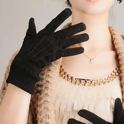ku皮手套女冬季真皮手套女时尚猪皮反绒防风保暖手套修手