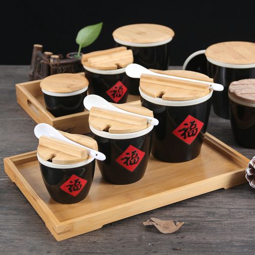 陶瓷小缸迷你小酱缸福字缸餐桌摆件农家乐餐具厨房调味罐带盖勺子