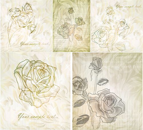 手绘淡彩玫瑰 线描玫瑰花线稿画稿花卉背景 ai格式矢量设计素材