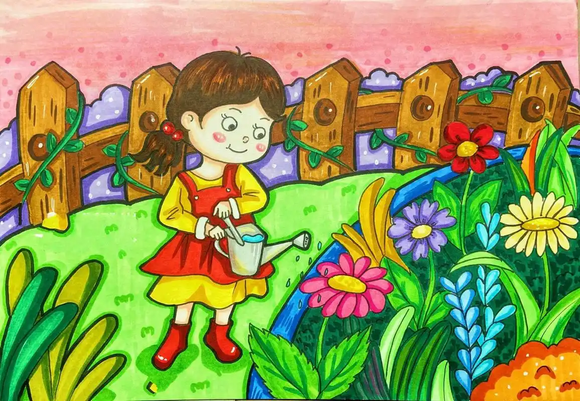 马克笔儿童画卡通画简笔画 浇花的小女孩979994 小花园 马克笔