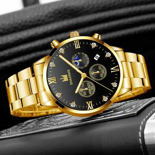 一件代发大卖镶钻男士钢带手表商务日历石英皮带手表男款现货批发