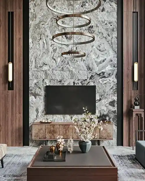 这样的挑高大理石背景墙,谁能拒绝?——新中式,现代,欧式