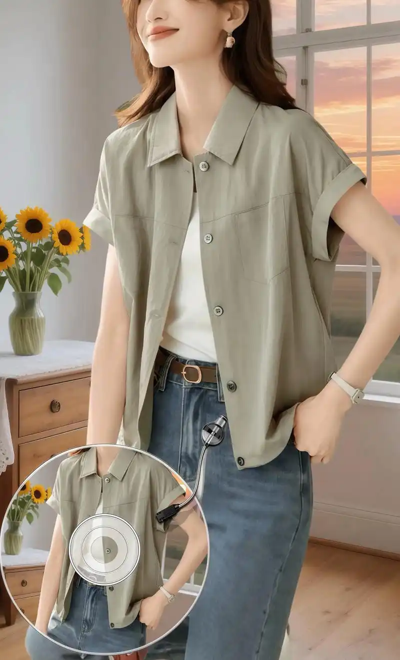 夏季新款短袖衬衣女休闲工装风短款休闲百搭简约设计感衬衫外套#