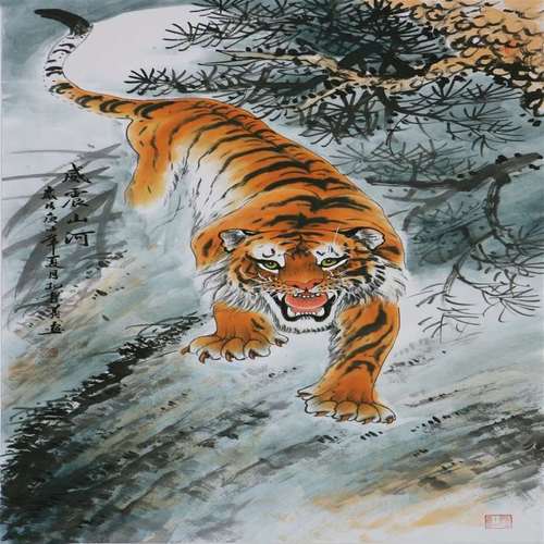 纯手绘四尺条幅客厅餐厅写意生肖老虎下山虎威震山河名人字画国画